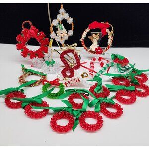 Handmade Beaded Christmas Ornaments Set Wreaths Angels Candles Red Green White